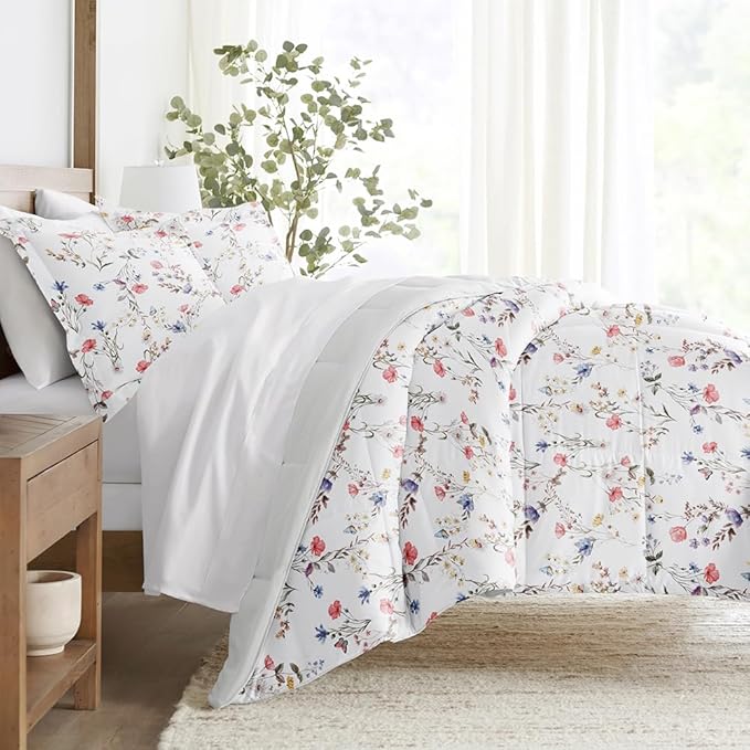 LINENS & HUTCH Comforter Set Patterned Microfiber All Season Down-Alternative Ultra Soft Bedding in Meadow Floral Stripe - Twin/TwinXL Meadow Floral Stripe Pink