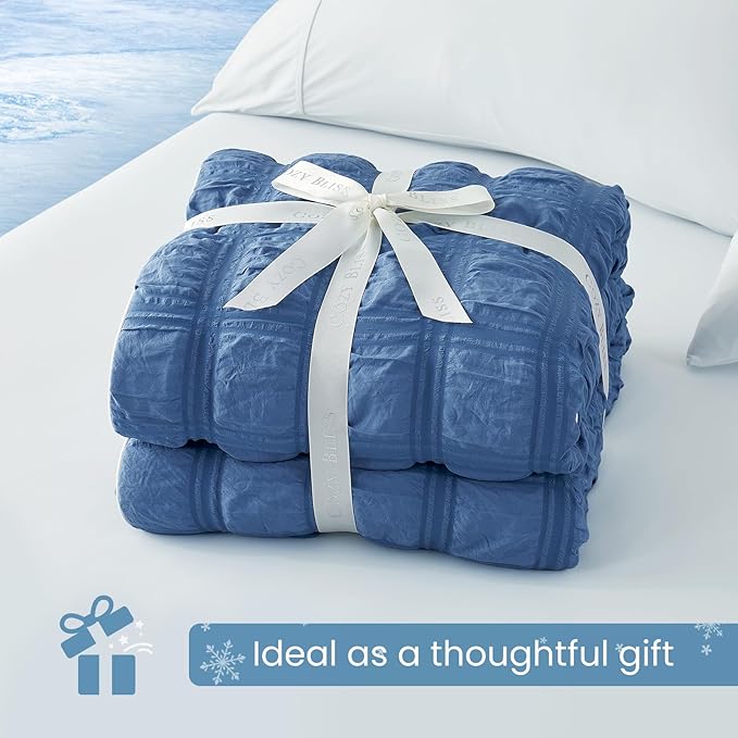 Cozy Bliss Cooling Comforter Seersucker Plaid Queen Size, Q-Max 0.45 Lightweight Cooling Blanket, Breathable Silk Smooth Summer Bedding Quilt for Hot Sleepers Night Sweats Denim Blue