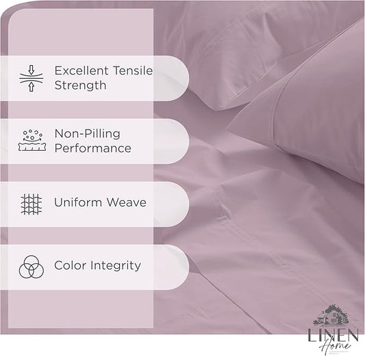 Linen Home 100% Cotton Percale Sheets Queen Size,Mauve Lavender, Deep Pocket, 4 Pieces Set - 1 Flat, 1 Deep Pocket Fitted Sheet and 2 Pillowcases, Crisp Cool and Strong Bed Linen