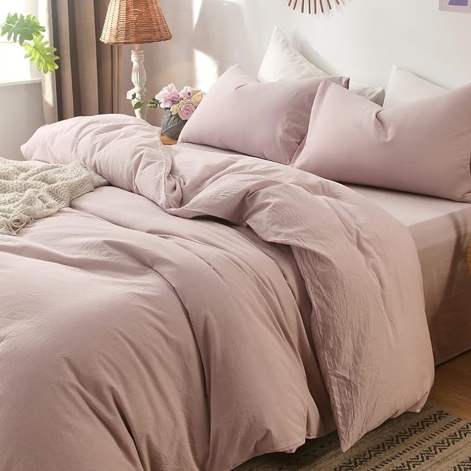 MooMee Bedding Pillowcases Pack of 2 100% Washed Cotton Linen Like Textured Breathable Durable Soft Comfy (Heathered Greyish Pink, Queen)