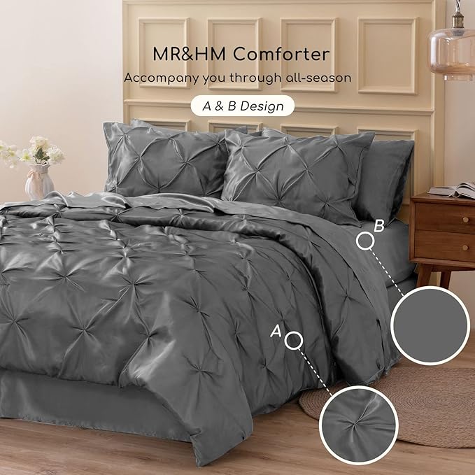 MR&HM Satin Comforter King 7 Pieces - Luxurious Pinch Pleat Bedding Set with Comforter, Flat Sheet, Fitted Sheet, Pillowcases & Shams, Super Silky Soft Bed Set for All Season (King, Dark Grey)