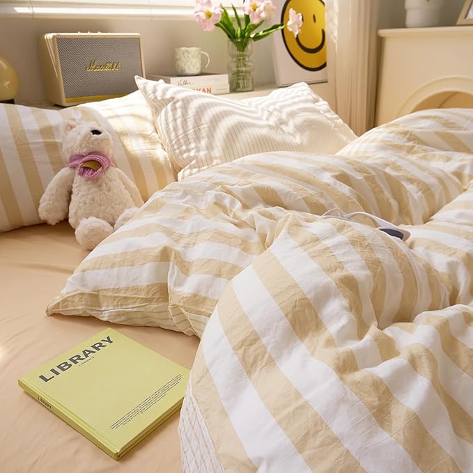 EAVD Beige Striped Duvet Cover Queen Soft Washed Microfiber Striped Reversible Bedding Set with 2 Pillowcases Modern Farmhouse Geometric Pattern Duvet Cover with Zipper Closure