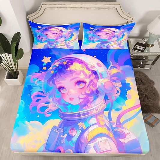 Erosebridal Watercolor Anime Girl Bedding Set, 3D Anime Fitted Sheet 2Pcs Cosmo Galaxy Sci-Fi Virtual Reality Sheets for Boys Girls Graffti Stars Print Bed Sheets Twin, No Top Sheet