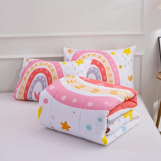 Btargot Lightweight Soft 3 Piece Rainbow Comforter Set with 2 Pillow Covers, Cartoon Love Hearts Flowers and Sun Star Bedding Set for Girls Boys Kids, Full Pink