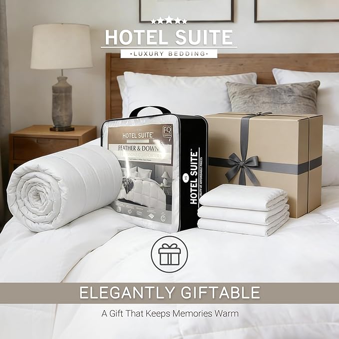 Hotel Suite Feather Down Comforter, Natural Fluffy Duvet Insert, Luxurious Hotel Collection Quilts, All Season Bedding Comforter, 100% Cotton Cover(Full/Queen Size, 88 x 88 Inch, White)