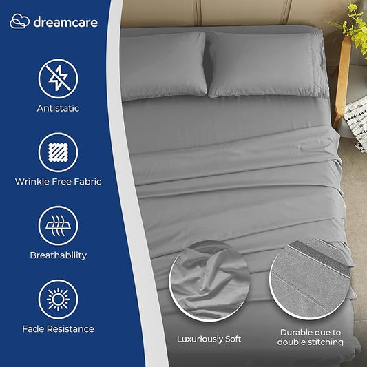 DREAMCARE Queen Sheet Set โ 4 pcs Cooling Sheets โ up to 21โ Extra Deep Pocket Queen Sheets โ Hotel Luxury Sheets & Pillowcases โ Superior Softness 100% Fine Microfiber with Side Pocket โ Light Gray