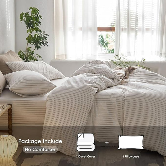 MooMee Striped Duvet Cover Set 100% Washed Cotton Linen Like Textured Breathable Durable Soft Comfy (White Tannish Linen Grey Wide Stripes, Twin 68"x90")