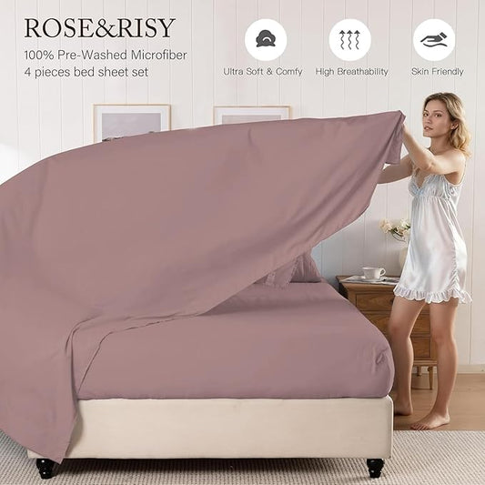 ROSE&RISY Lavender Twin Sheet Set, Pre-Washed Brushed Cotton-Like Microfiber, 3 Pcs Soft Breathable Sheet Set Twin,Fade Resistant, Includes 1 Fitted, 1 Flat, 1 Pillowcases (Lavender, Twin)