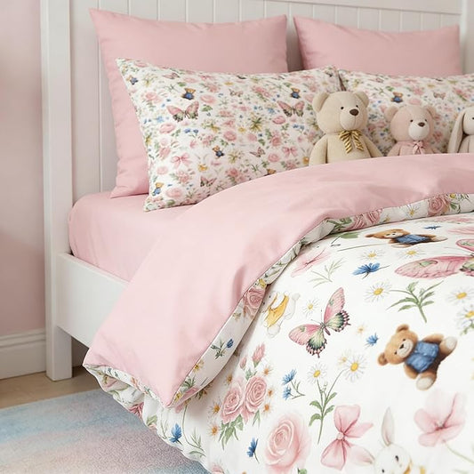 Pink Bow Comforter Set Twin for Girls, 2Pcs Butterfly Bedding for Kids Kawaii Bedroom Decor, Cute Priness Girly Rabbit Bear Comforter Set with 1 Pillowcase, 68"x86"
