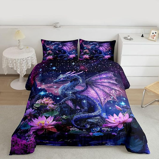 Feelyou Dragon Comforter Set Queen Size Dragon Stuff Bedding Set for Kids Boys Girls Wild Life Duvet Quilt Magic Wildlife Bedroom Decor Dull Purple Microfiber 3 Pcs with 2 Pillow Cases