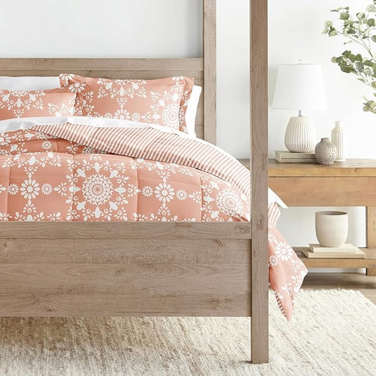 LINENS & HUTCH Comforter Set Patterned Microfiber All Season Down-Alternative Ultra Soft Bedding in Daisy Medallion - Twin/TwinXL Daisy Medallion Clay