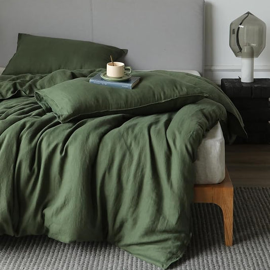 XZ XIFA Green Linen Duvet Cover Queen, 100% Washed French Flax Linen Bedding with Zipper Closure, Cooling for Hot Sleepers, Textured Bed Sets - 1 Duvet Cover and 2 Pillowcases