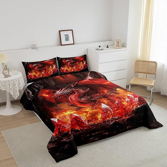 Castle Fairy Dragon Bed Comforter Set Queen Size,Western Fierce Animals Super Soft Microfiber Bedding Set for Adults Men,Glowing Flame Dragon Decorative Comforter Set,3 Pcs