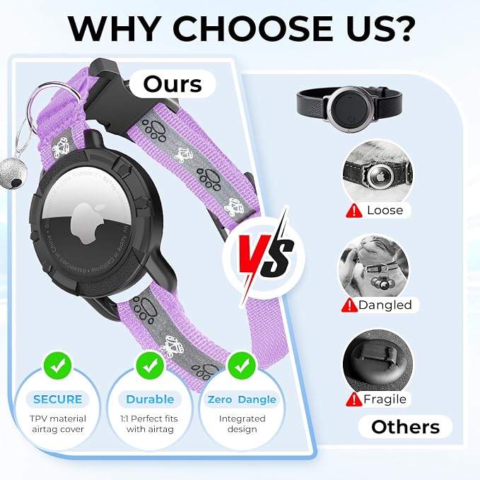Breakaway AirTag Cat Collar, Reflective Cat Tracker Collar with Bell | Built in AirTag Holder, Adjustable 8.5-12in for Cats, Kittens and Puppies, Safety Elastic Band, Reflective for Night Walking