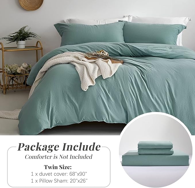 MILDLY Super Soft Duvet Cover 2pcs - 100% Washed Microfiber Grayish Teal Comforter Cover Set with Zipper Closure & Corner Ties (No Comforter)