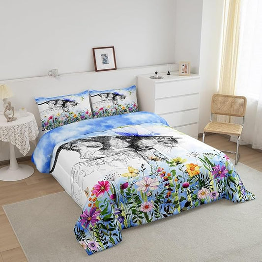 Erosebridal Cat Comforter Colorful Flower Bedding Set Cute Pet Animal Down Queen Butterfly Floral Leaves Plant Duvet Black and White Kawaii Farmhouse Room Decor Blue 3Pcs Warm Soft