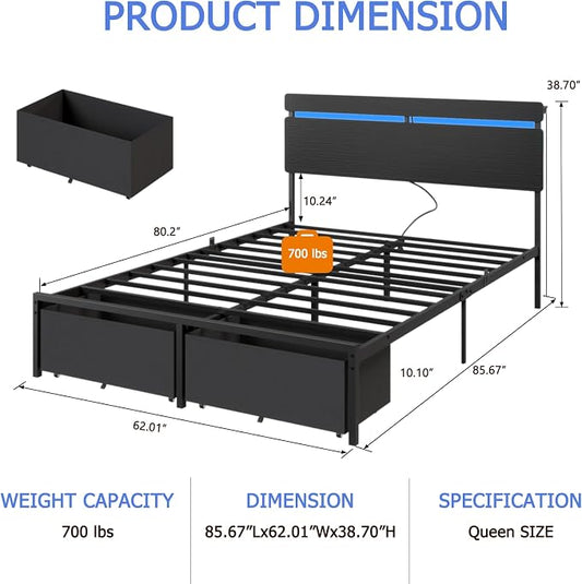 Forestell Queen Bed Frame with Wood Headboard,2 Storage Drawers & Shelf | Built-in Charging Station & LED Lights, Metal Support, No Box Spring Needed, noise-free, easy assembly, Smart RGB, USB+Type-C