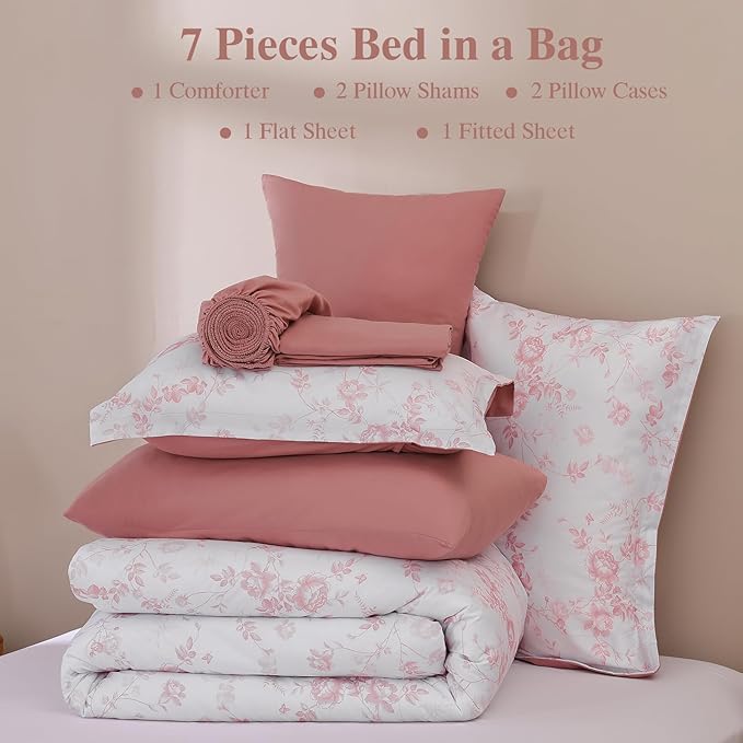 Luxudecor Floral King Comforter Set 7 Pieces Bed in a Bag, Blush Pink Rose Romantic Flower Bed Set, Soft Reversible Comforter with Sheet Set 104"x90"