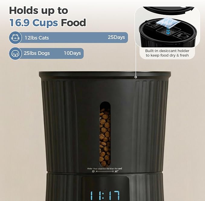 DUMOS 2.4G WiFi Automatic Cat Feeder, 4L Dog Food Dispenser with APP, Black | APP Control, 10s Voice Recorder, Dual Power Supply, Desiccant Bag, Indoor Programmable Pet Feeder for Small Cats and Dogs