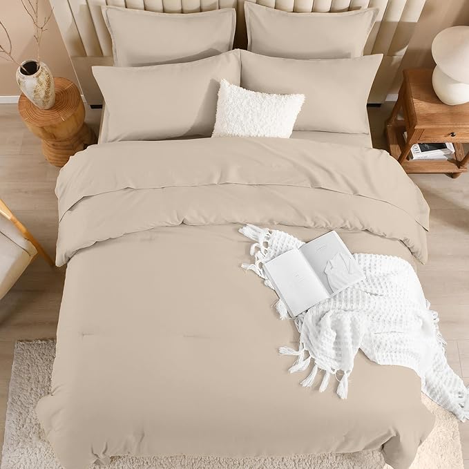 Litanika Comforter Queen Size Set Khaki - 7 Pieces Bed in a Bag Queen Bedding Comforter Sets, Plain Lightweight Bed Set with Comforter, Sheets, Pillowcases & Shams