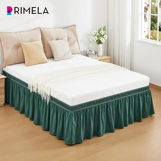 RIMELA Emerald Green Bed Skirt Queen Size 18 Inch Drop, Wrap Around Elastic Bedskirt, Dust Ruffle for Adjustable Bed Base Machine Washable Easy to Install Bed Skirts,Christmas Bedroom Decor