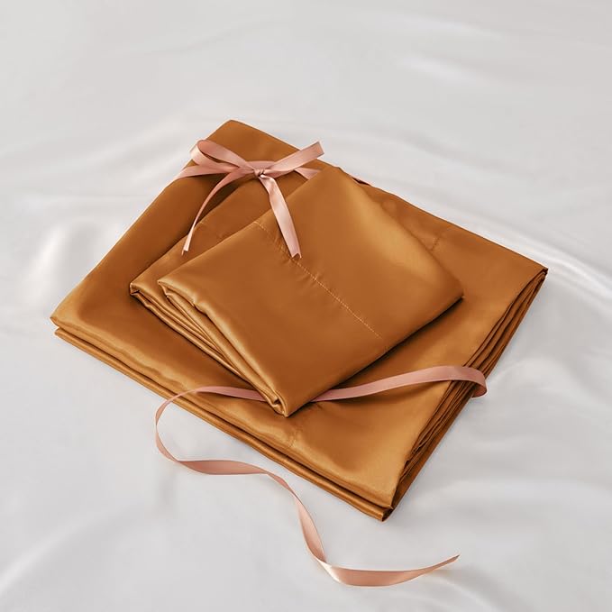 BEDELITE Satin Sheets Full Size Bed Set, Luxury Soft Burnt Orange Silky Sheets for Hair and Skin, Similar to Silk Bed Sheets Set 4 Pieces with 1 Deep Pocket Fitted Sheet, 1 Flat Sheet, 2 Pillowcases