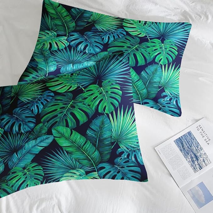 7 Pcs Full Size Comforter Set with 2 Pillowcases & 2 Shams, Tropical Palm Leaf Bedding for Kids and Adults, Green Floral Turquoise Bed in a Bag with Flat Fitted Sheet
