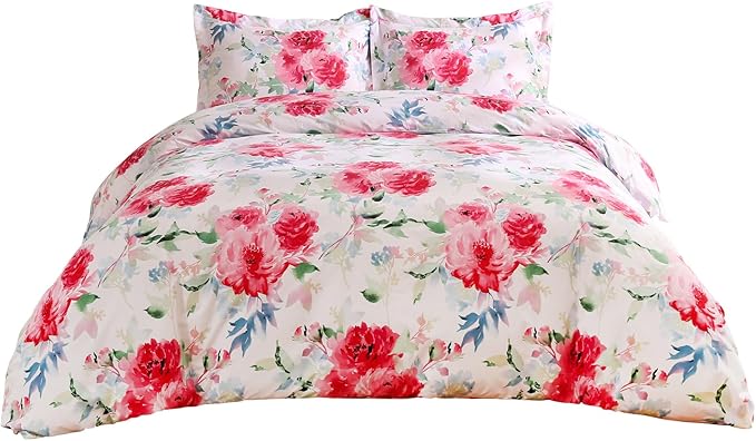 JSD Rose Floral Duvet Cover Set Queen Size, 3 Piece Soft Printed Microfiber Comforter Covers Zipper Closure