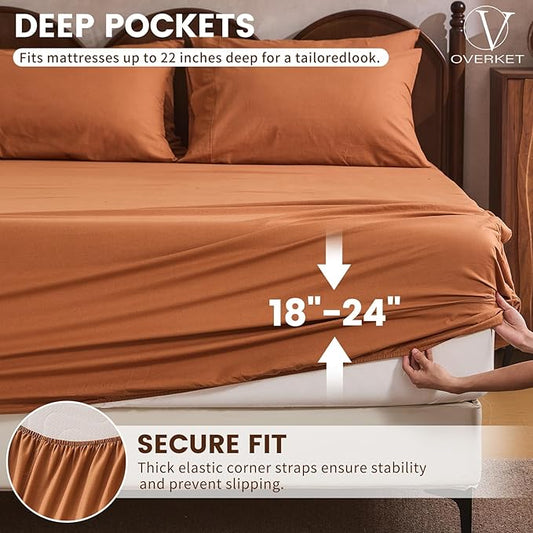 100% Linen Sheet Set King Size Extra Deep Pocket Fits 18-24 Inch Mattress, Breathable & Soft, Smooth 6-Piece Set for Thick Mattresses Hotel Luxury Bedding(King, Brown)