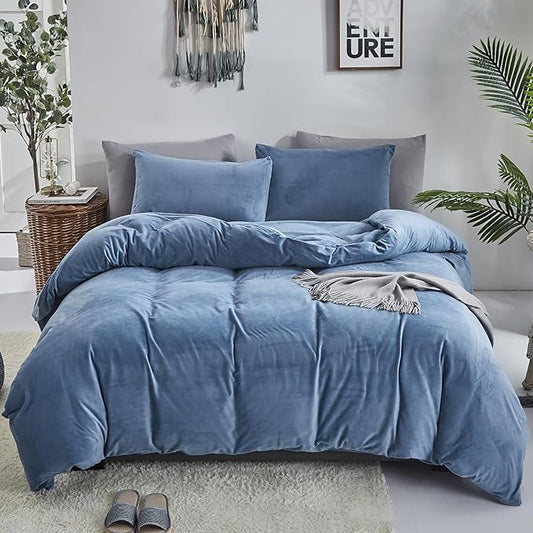 Cottonight Blue Velvet Comforter Set Queen Blue Flannel Bedding Set Queen Size Winter Blanket Quilts Modern Heavyweight Warm 3 Piece Velvet Comforter Set