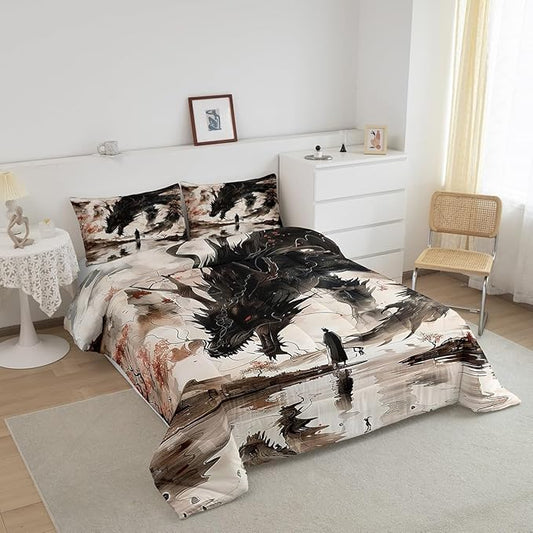 Feelyou Dragon Comforter Set Twin Size Japanese Style Comforter for Boys Girls Teens Samurai Bedding Set Japanese Ukiyoe Duvet Set Room Decor Black Beige Quilt Set
