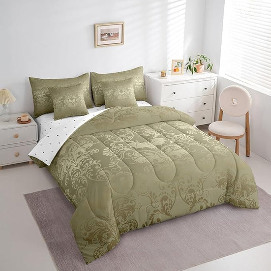 Erosebridal Gothic Damask Bed in a Bag King Size Comforter Set 7 Pieces,Halloween Bat Bedding Sets Olive Grey Victorian Floral Goth Sheet Set with Comforter