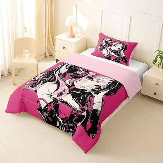 Erosebridal Pink Anime Girls Bedding Cartoon Japanes-Style Comforter Set Twin, Graffiti Street Culture Bed Comforter Set for Kids Teens Youth Watercolor Hippie Style Duvet Set 2Pcs