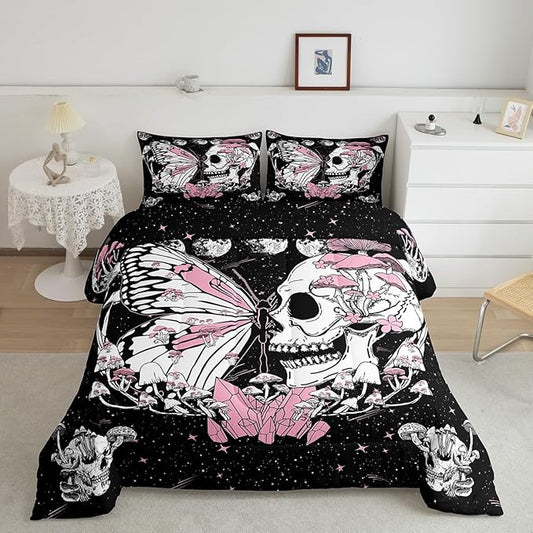 Skull Skull Bedding Set Full Size Pink Butterfly Mushroom Comforter Set Starry Galaxy Moon Quilted Duvet 3pcs for Kids Teens Girls Boys Bedroom Decor Wild Animals Plants Bedspread,2 Pillowcases