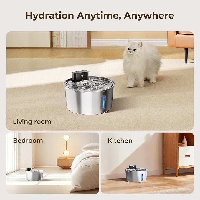 Wireless Stainless Steel Pet Water Fountain, 3.2L/108oz Automatic Cordless Water Dispenser with 3 Smart Modes, Ultra Quiet Pump, Rechargeable Battery, Multi-Filtration for Cats & Dogs