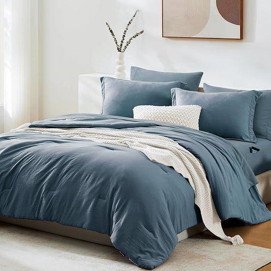 WRENSONGE Full Size Comforter Sets, 7 Pieces Oxford Blue Bed in a Bag with Fitted Sheet, Flat Sheet, 2 Pillow Shams, 2 Pillowcases, Warm Bedding Sets for All Season