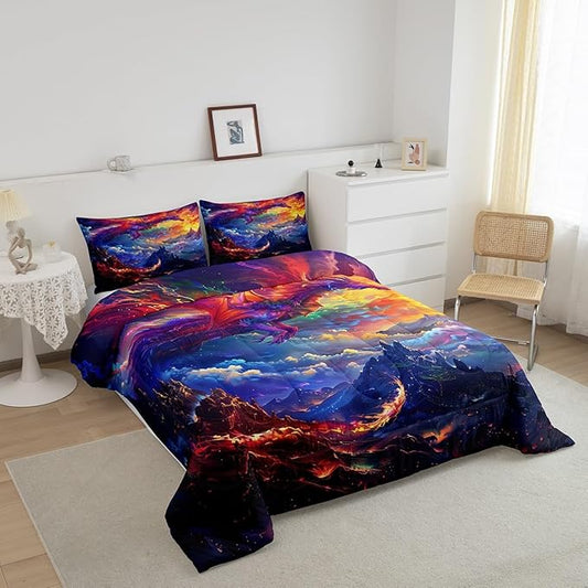 Dragon Bedding Set Queen Size,Starry Sky and Flame Mountain Comforter Set 3Pcs,Kids Girls Boys Teens Bedroom Decor,Magical Animals Quilt Set Purple Western Wildlife Theme Duvet Insert,2 Pillowcases