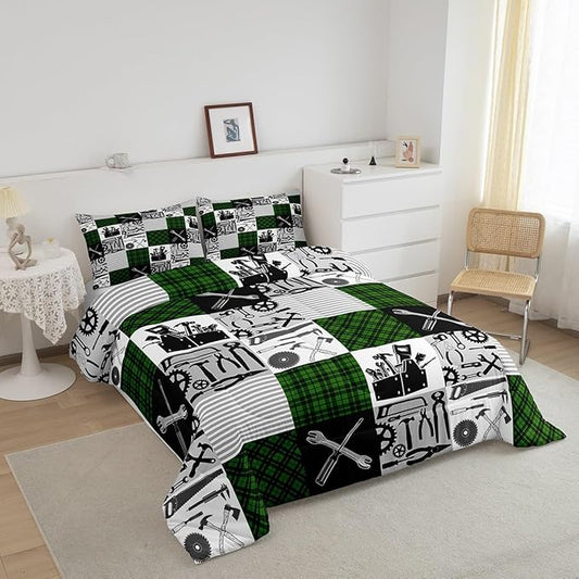 Kids Boys Car Comforter Set Farmhouse Gingham Check Bedding Set Wrench Repair Outfit Bedding Home Decor Green Black Comforter Full Size 3 Pieces Quilted Duvet Set with 2 Pillowcase