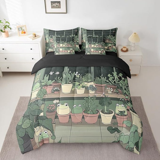 jejeloiu Cute Frog Bedding Set 7Pcs Twin Size Kids Cartoon Comforter Set with Sheets for Boys Girls Plant Bed in a Bag Soft Lightweight,Microfiber