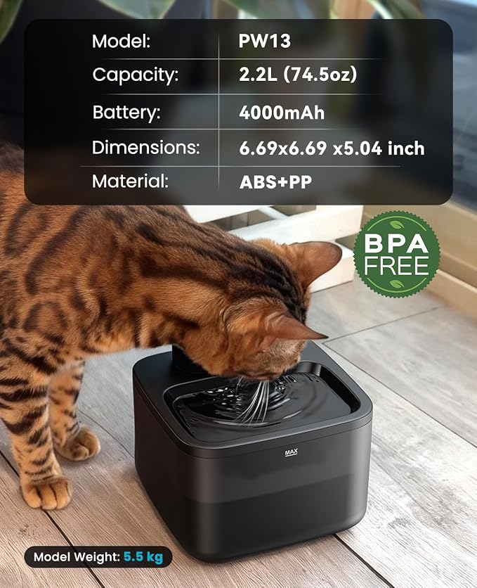 oneisall 2.2L/74oz Wireless Cat Water Fountain | True Cordless,Ultra Quiet SilentFlowโข Pump,3 Flow Modes,Easy to Clean(3-Piece Design),4000mAh Rechargeable,5-Layer Filter