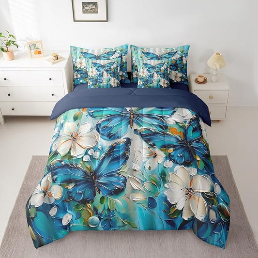 Erosebridal Girls Teal Blue Butterfly Bedding Set Full 7 Piece White Flowers Oil Painting Boho Comforter Set Retro Floral Butterfly Bed in A Bag,Aesthetics Bohemian Sheet Set with Comforter