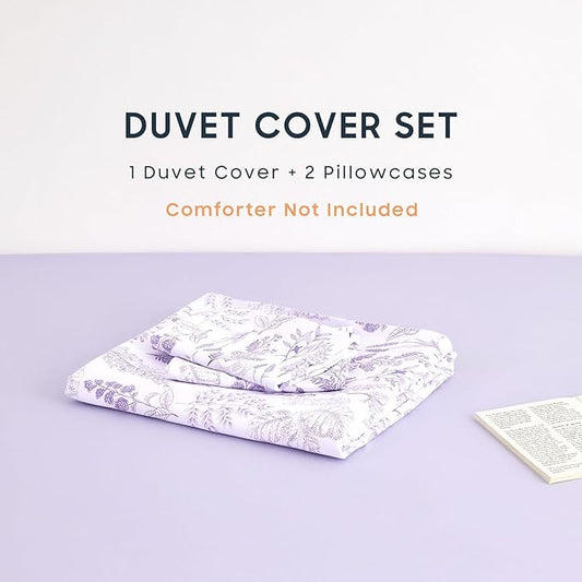 Wake In Cloud - Floral Duvet Cover Set, Botanical Vintage Flower Coquette Cottagecore Aesthetic for Women Teen Girls, Soft Lightweight Bedding, 3-Piece, Lilac, Full Size