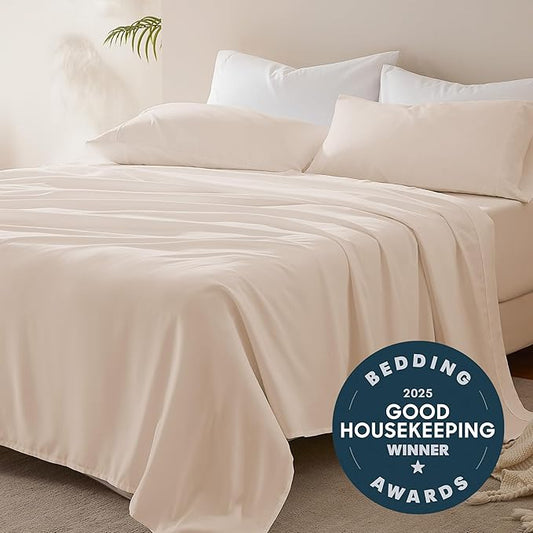 SLEEP ZONE Nanotex Super Soft Cooling Full Size Bed Sheets Set 4 Piece - Easy Care Fitted Flat Sheet & Pillowcase Sets - Wrinkle Free, Fade Resistant, Deep Pocket 16" (Beige, Full)