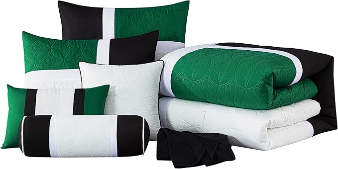 Chezmoi Collection Upland 7-Piece Quilted Patchwork Comforter Set, Green/Black/Cream White, Oversized King