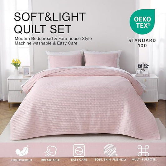 Queen Quilt Set – 90"x90" Soft Washed 3-Layer Lightweight Bedspread with Multi-Lock Quilting, Minimalist Nordic Bedding, All-Season Quilt for Spring, Summer & Fall (1 Quilt + 2 Pillow Shams), Pink