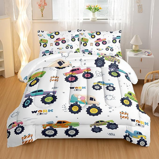 Kids Comforter Set for Boys,Cartoon Monster Car 3 Pieces Bedding Set King,Colorful Off-Road Vehicle All Season Soft Microfiber Down Alternative with 2 Pillowcases