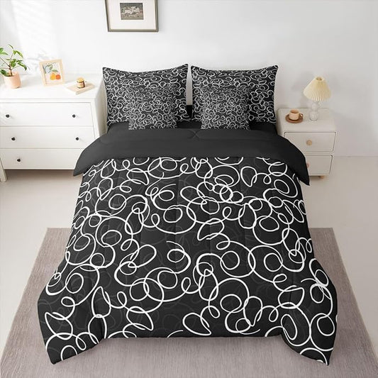 Erosebridal Black White Geometric 7 Piece Comforter Set Twin Abstract Line Modern Art Bedding Set for Kids Teens Boys Chic Swirls Bed in A Bag Texture Artwork Sheet Set Bedroom Decor