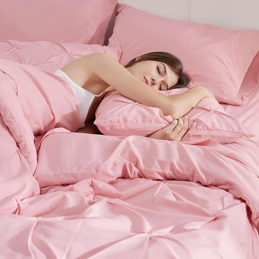 Bedsure Full Comforter Set Baby Pink - Bed in a Bag Full Size Bedding Set 7 Pieces, GentleSoftโข Pintuck Bed Set Gift for Family, Pinch Pleat All Season Comforter with Sheets, Pillowcases & Shams