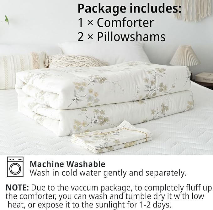Floral Cotton Comforter Queen Size - Cream Comforter with Luxurious Grey Branches & Subtle Beige Blossoms,Reversible Lightweight Bedding Sets 3Pcs(90"×90")