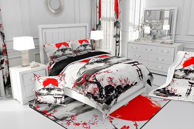 Feelyou Japanese Theme Bedding Set Queen Size Fujiyama Duvet Cover for Adult Kids Boys Girls Cherry Blossom Comforter Cover Set Natural Landscape Bedspread Cover 3Pcs Zipper